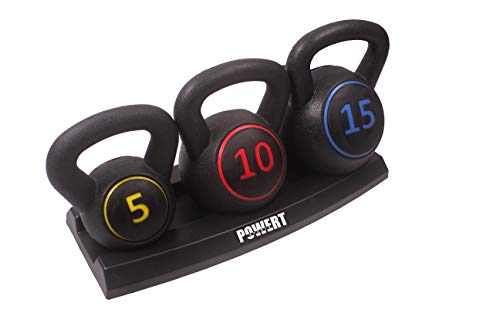 POWERT 3-Piece Kettlebell Weight Set of 5, 10, 15 lbs with Base Rack