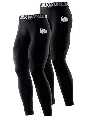 SILKWORLD Men's Compression Pants Pockets Cool Dry Athletic Leggings