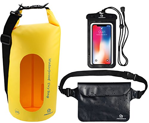 Freegrace Waterproof Dry Bags Set of 3 Dry Bag with 2 Zip Lock Seals & Detachable Shoulder Strap, Waist Pouch & Phone Case - Can Be Submerged Into Water - for Swimming (Yellow(Window), 10L)