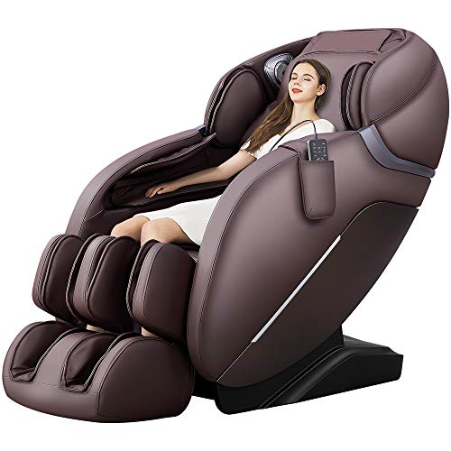 Brown Space-Saving Full Body Massage Chair with Thai Stretch, Zero Gravity, Bluetooth Speaker, Airbags, and Thai Foot Massage.