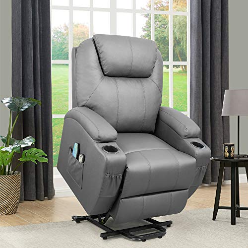 Flamaker Power Lift Recliner Chair with Massage and Heating - Ergonomic Lounge Chair in Grey PU Leather for Elderly, Living Room, Home Theater Seat with 2 Cup Holders and Side Pockets.