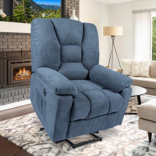 Blue-Grey Electric Power Lift Recliner Chair with Heat, Massage, Remote Control, 3 Positions, 2 Side Pockets and USB Ports - Linen Recliners for the Aged, Ideal for a Home Sofa Chair.